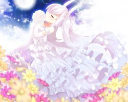 Rule 34 | 1girl, animal ears, azur lane, bare shoulders, blurry, blurry foreground, blush, bouquet, breasts, closed eyes, cloud, cloudy sky, collarbone, commentary request, depth of field, dress, elbow gloves, flower, full moon, fuuna thise, gloves, holding, holding bouquet, laffey (azur lane), leaning back, long hair, moon, night, night sky, outdoors, pleated dress, profile, purple flower, rabbit ears, rose, silver hair, sky, small breasts, solo, standing, star (sky), starry sky, strapless, strapless dress, thighhighs, twintails, very long hair, white dress, white flower, white gloves, white rose, yellow flower