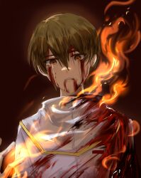 Rule 34 | 1boy, achenyinmeiyouqingshang40916, bleeding from forehead, blood, blood on clothes, blood on face, bloody tears, brown hair, burning, capelet, chinese commentary, commentary request, crying, crying with eyes open, dying, fire, gold trim, hair between eyes, highres, jabuchi you, looking at viewer, male focus, saibou shinkyoku, shirt, short hair, solo, tears, white capelet, white shirt
