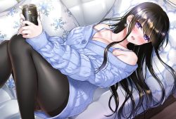 Rule 34 | 1girl, abe hikaru, alcohol, ass, black hair, black pantyhose, blue nails, blue sweater, blue tank top, blush, breasts, buttons, can, cleavage, couch, dress, drink can, highres, hikaru (gevp7588), holding, knees together feet apart, large breasts, long hair, lying, nail polish, off-shoulder sweater, off shoulder, open mouth, original, pantyhose, pillow, purple eyes, sidelocks, soda can, solo, sweater, sweater dress, tank top, teeth, thighs, upper teeth only