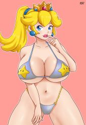 Rule 34 | 1girl, alternate breast size, bikini, blonde hair, blue eyes, breasts, cleavage, finger to mouth, highres, huge breasts, kero2099, lips, lipstick, makeup, mario (series), navel, nintendo, parted lips, pink lips, ponytail, princess, princess peach, seductive smile, smile, solo, super star (mario), super mario bros. 1, swimsuit, thick thighs, thighs