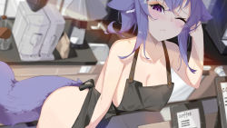 Rule 34 | 1girl, ;&lt;, animal ear fluff, animal ears, apron, bare arms, bare shoulders, black apron, blurry, blurry background, blush, bokujuu, breasts, cleavage, closed mouth, coffee maker, collarbone, depth of field, fox ears, fox girl, fox tail, highres, indoors, large breasts, leaning forward, looking at viewer, naked apron, original, purple eyes, purple hair, short hair, sink, solo, tail