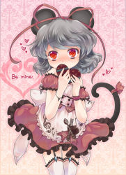Rule 34 | 1girl, alternate costume, animal ears, apron, arms up, blush, bracelet, covering face, covering own mouth, covering privates, cowboy shot, dress, female focus, garter straps, grey hair, hair ribbon, heart, heart-shaped pupils, iris anemone, jewelry, mouse ears, mouse tail, nazrin, red dress, red eyes, ribbon, short hair, solo, symbol-shaped pupils, tail, tail ornament, tail ribbon, thighhighs, touhou, valentine, white thighhighs, wrist ribbon, zettai ryouiki
