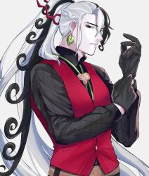 Rule 34 | 1boy, adjusting clothes, adjusting gloves, alternate hairstyle, ashiya douman (fate), belt, black eyes, black gloves, black shirt, braid, brown belt, curly hair, earrings, fate/grand order, fate (series), gloves, hair between eyes, highres, jewelry, long hair, long sleeves, magatama, magatama earrings, male focus, multicolored hair, ponytail, red vest, shidzu, shirt, simple background, solo, two-tone hair, upper body, vest
