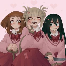 Rule 34 | 3girls, asui tsuyu, bags under eyes, blonde hair, blush, boku no hero academia, bound, bound wrists, bow, bowtie, brown eyes, brown hair, catastrofeels, closed mouth, double bun, green eyes, green hair, hair bun, hair ornament, heart, heart hair ornament, highres, holding, holding weapon, hostage, kidnapped, kidnapping, knife, long hair, looking at another, looking at viewer, matching outfits, messy hair, multiple girls, necktie, open mouth, pink sweater, red skirt, rope, school uniform, short hair, skirt, slit pupils, sweater, toga himiko, tongue, tongue out, uraraka ochako, weapon, yellow eyes