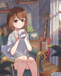 Rule 34 | 1girl, armchair, artist name, black shorts, blurry, blurry foreground, brown hair, chair, clock, closed mouth, commentary, cup, curtains, drink, drinking, electric guitar, english commentary, guitar, hair ornament, hairclip, highres, hirasawa yui, holding, holding cup, holding drink, instrument, k-on!, looking at viewer, paisley, photo (object), plant, potted plant, ralph alejandro, shelf, shirt, shorts, solo, t-shirt, wallpaper (object), white shirt, window, wooden floor