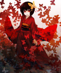 Rule 34 | 1girl, bad id, bad pixiv id, black hair, bug, butterfly, butterfly hair ornament, fatal frame, fatal frame 2, female focus, hair ornament, bug, japanese clothes, kimono, red eyes, short hair, solo, standing, tachibana chitose