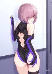 Rule 34 | 1girl, absurdres, arm up, ass, backless outfit, bare shoulders, bee doushi, black gloves, black leotard, blush, breasts, commentary request, elbow gloves, fate/grand order, fate (series), gloves, hair over one eye, hand on own ass, highres, indoors, leotard, looking at viewer, looking back, mash kyrielight, medium breasts, open mouth, pink hair, purple eyes, short hair, signature, solo, standing, thigh strap