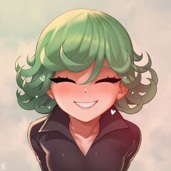 1girl absurdres black_dress closed_eyes curly_hair dress facing_viewer green_hair grin heart highres one-punch_man short_hair simple_background smile solo tatsumaki teeth upper_body windmill_(windmillg)