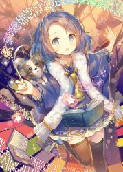 Rule 34 | 1girl, animal, bad id, bad twitter id, black thighhighs, blue eyes, blue hair, book, chippu, cloak, dog, floating, floating book, floating object, highres, io enishi, leg up, magic circle, nano mikusu, necktie, open mouth, original, parted bangs, raised eyebrows, short hair, sparkle, surprised, swept bangs, thighhighs, wand, witch