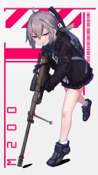 Rule 34 | 1girl, ahoge, american flag, anti-materiel rifle, backpack, bag, barcode, bipod, black gloves, black necktie, black skirt, bolt action, brown jacket, chromatic aberration, crossed bangs, girls&#039; frontline, gloves, gun, headphones, headphones around neck, highres, holding, holding gun, holding weapon, hood, hood down, hooded jacket, jacket, kuro kosyou, looking at viewer, low ponytail, m200 (girls&#039; frontline), muzzle device, necktie, open clothes, open jacket, open mouth, pleated skirt, pocket, purple eyes, rifle, running, scope, shirt, shoes, sidelocks, silver hair, skirt, sniper rifle, socks, solo, untucked shirt, weapon, white shirt