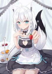 Rule 34 | 1girl, ahoge, alternate costume, animal ear fluff, animal ears, aqua eyes, black dress, blush, braid, breasts, cleavage, cleavage cutout, clothing cutout, commentary request, dress, earrings, enmaided, finger to own chin, food, fox ears, fox girl, fox tail, fruit, hair between eyes, highres, holding, hololive, jewelry, long hair, looking at viewer, maid, medium breasts, outstretched arm, pentagram, shirakami fubuki, sidelocks, single braid, sitting, sleeveless, sleeveless dress, smile, solo, strawberry, tail, touhourh, virtual youtuber, white hair