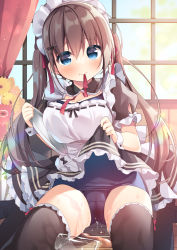 Rule 34 | 1girl, apron, black dress, black footwear, black thighhighs, blue one-piece swimsuit, blush, breasts, brown hair, cleavage, closed mouth, clothes lift, commentary request, cup, dress, dress lift, drinking glass, flower, hair between eyes, hanamiya natsuka, large breasts, lifted by self, long hair, looking at viewer, maid, maid apron, maid headdress, mouth hold, old school swimsuit, on floor, one-piece swimsuit, original, puffy short sleeves, puffy sleeves, red flower, ribbon, ribbon in mouth, school swimsuit, shoes, short sleeves, sitting, smile, solo, spill, swimsuit, swimsuit under clothes, thighhighs, twintails, very long hair, wariza, wet, white apron, wooden floor, yellow flower