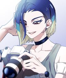 Rule 34 | 1girl, 7hn0ng, blue hair, bob cut, breasts, brown eyes, camera, choker, creatures (company), game freak, green hair, holding, long sleeves, looking at viewer, loose hair strand, medium breasts, multicolored hair, navel, nintendo, open mouth, perrin (pokemon), photographer, pokemon, pokemon sv, shirt, short hair, simple background, smile, solo, upper body
