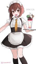 Rule 34 | 1girl, alternate costume, apron, black dress, black socks, brown eyes, brown hair, commentary request, cowboy shot, dated, dress, feet out of frame, food, frilled apron, frills, highres, ice cream, kantai collection, kneehighs, looking at viewer, maid headdress, neckerchief, one-hour drawing challenge, open mouth, puffy short sleeves, puffy sleeves, short hair, short sleeves, simple background, smile, socks, solo, teeth, tray, waitress, white apron, white background, yellow neckerchief, yukikaze (kancolle), yunamaro