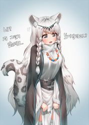 Rule 34 | 1girl, animal ear fluff, animal ears, arknights, bead necklace, beads, belt, black belt, blue background, blush, braid, breasts, commentary, cowboy shot, deaver, dress, female focus, gradient background, grey background, grey eyes, head chain, highres, jewelry, korean text, leopard ears, leopard tail, long hair, long sleeves, medium breasts, necklace, open mouth, pramanix (arknights), silver hair, solo, standing, tail, thighhighs, translation request, turtleneck, turtleneck dress, twin braids, very long hair, white dress, white thighhighs