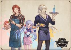 Rule 34 | 1girl, 2boys, alternate costume, apron, beads, black jacket, black pants, blouse, blue apron, blue eyes, blue hair, blue shirt, blue shorts, cassius (granblue fantasy), closed mouth, cocktail, collarbone, collared shirt, company name, contemporary, copyright notice, cup, drinking glass, earrings, english text, food, framed, granblue fantasy, grey hair, grey pants, hair beads, hair intakes, hair ornament, hairclip, holding, holding cup, holding plate, ice cream, jacket, jewelry, lily (granblue fantasy), long hair, long sleeves, looking at viewer, multiple boys, neck ribbon, necktie, official art, open mouth, paint splatter, pants, percival (granblue fantasy), pie, pie slice, pink apron, plate, pointy ears, ponytail, red eyes, ribbon, shirt, shorts, sleeves rolled up, smile, standing, striped clothes, striped jacket, sundae, sushi, sweater, twintails, v-neck, waist apron, wristband