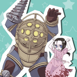 Rule 34 | 1girl, animification, armor, arms up, big daddy (bioshock), bioshock, bioshock (series), bioshock 1, black hair, blood, blood on clothes, blue eyes, caramelldansen, diving suit, dress, drill, gloves, helmet, little sister (bioshock), long hair, mitake eil, open mouth, pink dress, single glove, star (symbol), starry background, torn clothes, torn dress