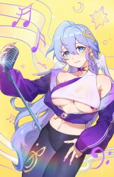 Rule 34 | 1girl, absurdres, alternate costume, aqua eyes, bare shoulders, black pants, blue hair, breasts, choker, commentary request, cowboy shot, earrings, head tilt, head wings, highres, honkai: star rail, honkai (series), jacket, jewelry, large breasts, leggings, long sleeves, looking at viewer, midriff, musical note, nail polish, navel, pants, parted lips, pink nails, purple choker, purple jacket, robin (honkai: star rail), shirt, single-shoulder shirt, smile, solo, staff (music), standing, stomach, uma no oke, underboob, white shirt, wings, yellow background
