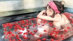 Rule 34 | 1girl, bathing, breasts, brown hair, closed eyes, game cg, indoors, ino (magloid), large breasts, momoiro closet, non-web source, nude, partially submerged, petals, petals on liquid, rose petals, short ponytail, sidelocks, sitting, smile, solo, steam, towel, towel on head, wet