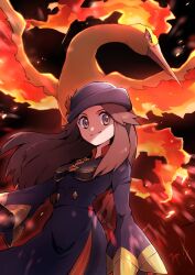 Rule 34 | 1girl, ayo (ayosanri009), bird, black background, brown eyes, brown hair, closed mouth, commentary request, creatures (company), dress, eyelashes, fire, game freak, gen 1 pokemon, hair flaps, hat, highres, leaf (champion) (pokemon), leaf (pokemon), legendary pokemon, long hair, long sleeves, moltres, nintendo, official alternate costume, pokemon, pokemon (creature), pokemon masters ex, sidelocks, signature, smile