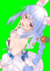 Rule 34 | 1girl, absurdres, animal ear fluff, animal ears, bare shoulders, blue bow, blue hair, blush, bow, braid, breasts, brown eyes, carrot hair ornament, cleavage, dress, food-themed hair ornament, green background, hair between eyes, hair bow, hair ornament, highres, hololive, large breasts, long hair, looking at viewer, off-shoulder dress, off shoulder, parted lips, rabbit ears, rabbit girl, rabbit tail, simple background, smile, solo, tail, thick eyebrows, tonarikeru, tongue, tongue out, twin braids, usada pekora, usada pekora (1st costume), virtual youtuber, white bow, white dress