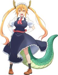 Rule 34 | 10s, 1girl, blonde hair, breasts, dragon girl, dragon tail, full body, gloves, horns, kadowaki miku, kobayashi-san chi no maidragon, large breasts, large tail, long hair, looking at viewer, maid, maid headdress, necktie, official art, open mouth, red necktie, skirt, slit pupils, smile, solo, tail, tohru (maidragon), transparent background, twintails, very long hair, yellow eyes