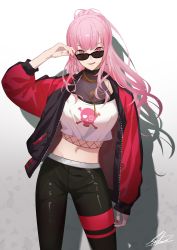 Rule 34 | 1girl, absurdres, adjusting eyewear, adjusting glasses, black leggings, breasts, crop top, highres, hololive, hololive english, jacket, large breasts, leaning to the side, leggings, looking at viewer, looking over eyewear, looking over glasses, mori calliope, mori calliope (streetwear), nail polish, pink eyes, pink hair, ponytail, red jacket, red nails, sechipuu, shirt, signature, smile, solo, sunglasses, tinted eyewear, virtual youtuber, white shirt