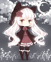 Rule 34 | 1girl, animal ears, black cloak, black footwear, black pantyhose, blush stickers, boots, bow, bowtie, cat ears, chibi, cloak, cloud, commentary, cross-laced clothes, cross-laced footwear, dress, ear covers, english commentary, eyelashes, flower, frilled dress, frilled footwear, frills, hair flower, hair ornament, hood, hood up, hooded cloak, littlebluemuffin, long hair, low twintails, moon, night, no mouth, original, pantyhose, red bow, red bowtie, red dress, red eyes, red flower, red rose, rose, shadow, short dress, solid oval eyes, twintails, wavy hair, white hair