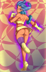 1girl absurdres artist_name ass back backless_outfit blue_hair breasts capcom curvy dark-skinned_female dark_skin eloztoatl forehead gloves highres large_breasts linz_(quiz_nanairo_dreams) looking_back midriff miniskirt quiz_nanairo_dreams red_eyes shiny_skin single_thighhigh skirt smile spiked_hair standing standing_on_one_leg thick_thighs thighhighs thighs upskirt