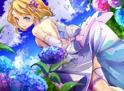 Rule 34 | 1girl, arched back, asymmetrical legwear, backless outfit, bare back, bare shoulders, blonde hair, blue eyes, blue sky, bow, breasts, cloud, dress, dress bow, dutch angle, flat chest, flower, highres, hydrangea, inubangarou, kagamine rin, looking back, narrow waist, shoulder blades, single thighhigh, sky, small breasts, solo, swept bangs, thighhighs, turning head, vocaloid, water drop, white dress, white thighhighs