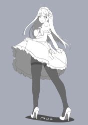 Rule 34 | 1girl, :d, black pantyhose, blue theme, breasts, fatkewell, gloves, high heels, legs, long hair, maid headdress, monochrome, open mouth, pantyhose, short sleeves, simple background, sketch, smile, thighband pantyhose