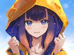 Rule 34 | 1girl, blue eyes, blush, gradient hair, hands up, highres, hololive, hololive english, hood, hood up, long sleeves, looking at viewer, multicolored hair, ninomae ina&#039;nis, orange hair, parted lips, pointy ears, portrait, purple hair, solo, tallgeese (lgeesel), tentacle hair, virtual youtuber