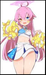 Rule 34 | 1girl, ahoge, bare shoulders, blue archive, blue eyes, blush, breasts, caburi, cheerleader, criss-cross halter, hair between eyes, halo, halterneck, heterochromia, highres, holding, holding pom poms, hoshino (blue archive), long hair, looking at viewer, millennium cheerleader outfit (blue archive), miniskirt, navel, open mouth, panties, pink hair, pleated skirt, pom pom (cheerleading), pom poms, skirt, small breasts, smile, solo, sports bra, thighs, underwear, white panties, white skirt, wristband, yellow eyes
