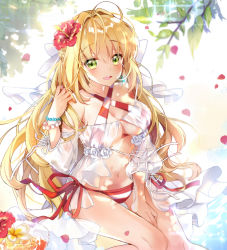 Rule 34 | 1girl, ahoge, between legs, bikini, blonde hair, blurry, breasts, commentary, criss-cross halter, cup, dappled sunlight, day, depth of field, drinking glass, fate/grand order, fate (series), green eyes, hair between eyes, hair down, hair intakes, halterneck, hand between legs, hand in own hair, hand up, large breasts, long hair, looking at viewer, nero claudius (fate), nero claudius (fate) (all), nero claudius (swimsuit caster) (fate), nero claudius (swimsuit caster) (third ascension) (fate), ocean, open mouth, outdoors, pingo, red bikini, see-through, side-tie bikini bottom, sitting, smile, soaking feet, solo, sparkle, sunlight, swimsuit, tsurime, water drop, white bikini
