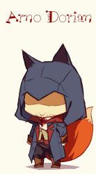 Rule 34 | 1boy, absurdres, animal ears, arno dorian, assassin&#039;s creed: unity, assassin&#039;s creed (series), beige background, black pants, blue coat, boots, brown footwear, character name, chibi, coat, commentary, facial hair, fox ears, fox tail, full body, highres, hood, kemonomimi mode, long sleeves, male focus, open clothes, open coat, pants, shirt, simple background, smile, solo, standing, tail, white shirt