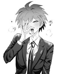 Rule 34 | 1boy, ahoge, collared shirt, danganronpa (series), danganronpa 3 (anime), fellatio gesture, greyscale, hands up, highres, jacket, looking at viewer, male focus, matcha z, monochrome, naegi makoto, naughty face, necktie, open clothes, open jacket, saliva, shirt, short hair, simple background, solo, teeth, tongue, tongue out, upper body, upper teeth only