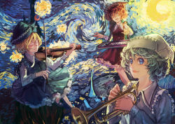 Rule 34 | 3girls, :3, :d, blonde hair, blue eyes, blue sky, bow (music), cityscape, cloud, crescent moon, curly hair, artistic error, closed eyes, fine art parody, hat, highres, instrument, keyboard (instrument), lips, long sleeves, looking at viewer, lunasa prismriver, lyrica prismriver, mary janes, merlin prismriver, moon, multiple girls, music, night, night sky, open mouth, orange eyes, parody, playing instrument, sai ichirou, shirt, shoes, short hair, siblings, sisters, skirt, skirt set, sky, smile, star (sky), starry night, starry sky, touhou, trumpet, vest, vincent van gogh, violin, white shirt