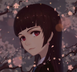 Rule 34 | 1girl, blunt bangs, brown hair, cherry blossoms, earrings, flower, jewelry, kevin (tiancaimland), lips, long hair, looking at viewer, looking to the side, original, portrait, red eyes, smile, solo