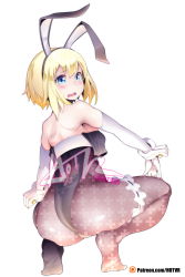 Rule 34 | 1girl, animal ears, ass, bare shoulders, black leotard, blonde hair, blue eyes, blush, breasts, commentary, elbow gloves, embarrassed, en&#039;en no shouboutai, english commentary, fake animal ears, from behind, full body, gloves, highleg, highleg leotard, highres, hot vr, iris (enen no shouboutai), large breasts, leotard, looking at viewer, looking back, nervous, nun, open mouth, pantyhose, playboy bunny, rabbit ears, short hair, simple background, solo, squatting, teeth, thighs, unmoving pattern, upper teeth only, white background, white gloves, wrist cuffs