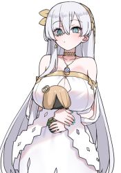Rule 34 | 1girl, akitokage, anastasia (fate), blue eyes, blue nails, breasts, cleavage, doll, dress, earrings, fate/grand order, fate (series), hair over one eye, hairband, highres, holding, holding doll, huge breasts, jewelry, long hair, nail polish, pendant, single earring, white background, white dress, white hair