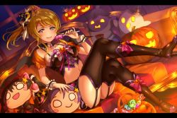Rule 34 | &gt;:), 10s, 1girl, :d, animal ears, ayase eli, basket, black footwear, black thighhighs, blonde hair, blue eyes, blush stickers, boots, bow, candy, cat ears, chaise longue, character doll, collarbone, crescent, crop top, crossed legs, demon wings, detached collar, detached sleeves, eggplant, food, garter straps, ghost, hair bow, hair ornament, hair scrunchie, halloween, halloween costume, hat, hat ribbon, holding, holding candy, holding food, holding lollipop, indoors, jack-o&#039;-lantern, letterboxed, lollipop, long hair, looking at viewer, love live!, love live! school idol festival, love live! school idol project, midriff, mini hat, mini witch hat, miniskirt, neck ribbon, nesoberi, night, o o, open mouth, pink bow, pink ribbon, pink scrunchie, pinky out, red bow, ribbon, scrunchie, sidelocks, sitting, skirt, smile, solo, thighhighs, tojo nozomi, usamaru67pi, white ribbon, window, wings, witch hat, wrist cuffs, yazawa nico