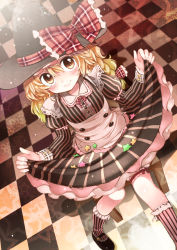 Rule 34 | 1girl, aidumi, alternate costume, bad id, bad pixiv id, blonde hair, blush, braid, brown eyes, chair, checkered floor, clothes lift, dress, dress lift, dutch angle, female focus, floor, from above, hat, kirisame marisa, kneehighs, long hair, looking up, mary janes, plaid, plaid ribbon, ribbon, shoes, single braid, sitting, skirt basket, smile, socks, solo, star (symbol), striped clothes, striped socks, touhou, vertical-striped clothes, vertical-striped socks, witch, witch hat, yellow eyes