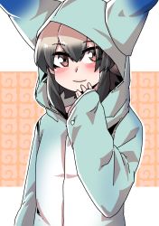 Rule 34 | 10s, 1girl, absurdres, african wild dog (kemono friends), alternate costume, blush, covering own mouth, grey hair, hand over own mouth, highres, hood, japari symbol, kemono friends, long sleeves, lucky beast (kemono friends), multicolored hair, short hair, smile, solo, takoongyi, upper body