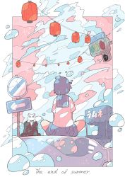 Rule 34 | 1girl, absurdres, arrow (symbol), blue hair, blue sailor collar, blue skirt, cat, cloud, cloudy sky, english text, from behind, haru57928031, highres, lantern, original, pink sky, sailor collar, shirt, short hair, short sleeves, sign, sitting, skirt, sky, solo, traffic light, white cat, white shirt