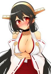 Rule 34 | 10s, 1girl, bad id, bad nicoseiga id, bare shoulders, black hair, blush, breast hold, breasts, cleavage, collarbone, detached sleeves, female focus, hair ornament, hairband, hairclip, haruna (kancolle), headgear, highres, kantai collection, large breasts, long hair, looking at viewer, nontraditional miko, ribbon-trimmed sleeves, ribbon trim, simple background, skirt, solo, tsukui kachou, upper body, very long hair, white background