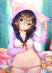 Rule 34 | 1girl, alarm clock, animal hood, arm up, bag of chips, bed, blush, bottle, bow, brown hair, cameltoe, cat hood, clock, closed mouth, clothes lift, collarbone, condom, condom packet strip, condom wrapper, cowboy shot, curtains, groin, head tilt, hood, hoodie, ichihaya, indoors, lifting own clothes, long hair, long sleeves, looking at viewer, lowleg, lowleg panties, magazine (object), morodzuki kurea, navel, open clothes, open hoodie, original, panties, pink panties, purple eyes, red bow, red ribbon, ribbon, shirt, shirt lift, side-tie panties, smile, solo, standing, stomach, stuffed animal, stuffed toy, teddy bear, tissue box, underwear, wavy hair, white shirt, window