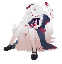 Rule 34 | 1girl, blonde hair, blood, blood on face, bloody knife, bow, chloe ardenne, chloe no requiem, dress, frilled skirt, frills, hair bow, holding, holding knife, knees up, knife, long hair, looking at viewer, mary janes, purple eyes, shoes, sitting, skirt, smile, solo, sssen