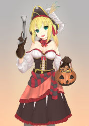 Rule 34 | 1girl, absurdres, ahoge, alternate costume, alternate hairstyle, artoria pendragon (all), artoria pendragon (fate), bare shoulders, belt, black gloves, black legwear, black skirt, blonde hair, bow, breasts, candy, cleavage, clothes around waist, corset, detached collar, fangs, fate/stay night, fate (series), food, gloves, gradient background, green eyes, gun, halloween, halloween costume, handgun, hat, hat feather, highres, holding, holding gun, holding weapon, jack-o&#039;-lantern, long sleeves, looking at viewer, medium breasts, off-shoulder shirt, off shoulder, open mouth, pirate, pirate hat, pistol, red bow, saber (fate), scwibbles, shirt, skirt, smile, solo, trick or treat, twintails, weapon, white shirt