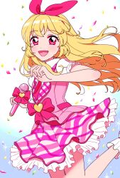 Rule 34 | 1girl, :d, aikatsu!, aikatsu! (series), blonde hair, blush, bow, collared shirt, commentary request, confetti, frilled skirt, frills, hairband, highres, holding, holding microphone, hoshimiya ichigo, long hair, looking at viewer, microphone, necktie, open mouth, pink bow, pink eyes, pink hairband, pink necktie, pink skirt, pink vest, pleated skirt, puffy short sleeves, puffy sleeves, raimu (01155103aiko), shirt, short sleeves, skirt, smile, solo, vest, white shirt