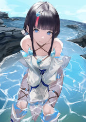 Rule 34 | 1girl, bare shoulders, black hair, blazpu, blue eyes, blue ribbon, blue sky, breasts, collarbone, detached leggings, dress, fate/grand order, fate/requiem, fate (series), fundoshi, highres, japanese clothes, jewelry, large breasts, long sleeves, looking at viewer, magatama, magatama hair ornament, magatama necklace, medium hair, multicolored hair, necklace, ocean, pelvic curtain, pink hair, puffy long sleeves, puffy sleeves, ribbon, rock, short dress, sideboob, sideless outfit, sitting, sky, solo, streaked hair, thighs, utsumi erice, white dress, white legwear